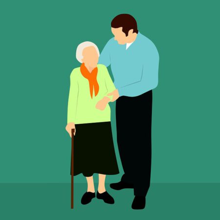 Informationsbild zur Untersützung von Senioren Mann hilft alter Dame beim gehen